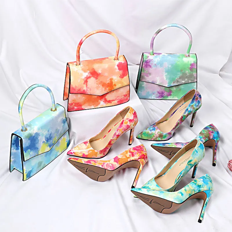 

New style rainbow women handbag and high heels 11 cm height high heels and purse to match fashion ladies shoes and bag set, Purple, orange, green