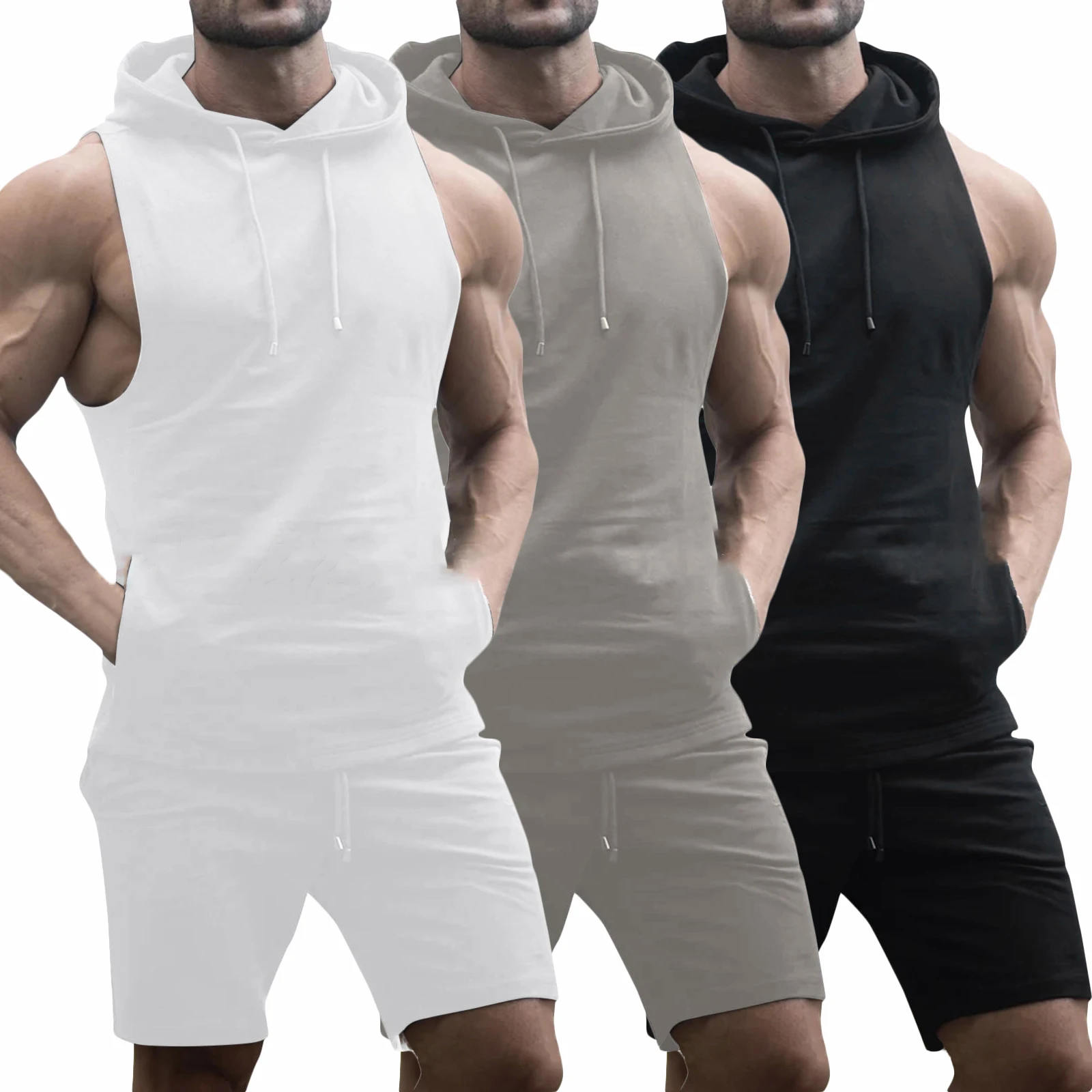 

QC2206 Sleeveless hoodie and shorts set men custom slim fitting plain mens track suit sets, Custom color or our colour stock