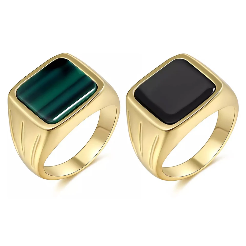 

Vintage Square Waterproof Brass 18K Gold Plated Women Mens Green Emerald Gemstone Chunky Signet Ring