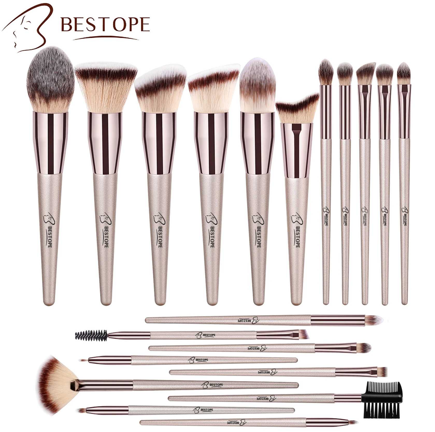 

Bestope 20pcs conical handle makeup brushes facial refillable foundation private label makeup brushes 2021 set, Champagne