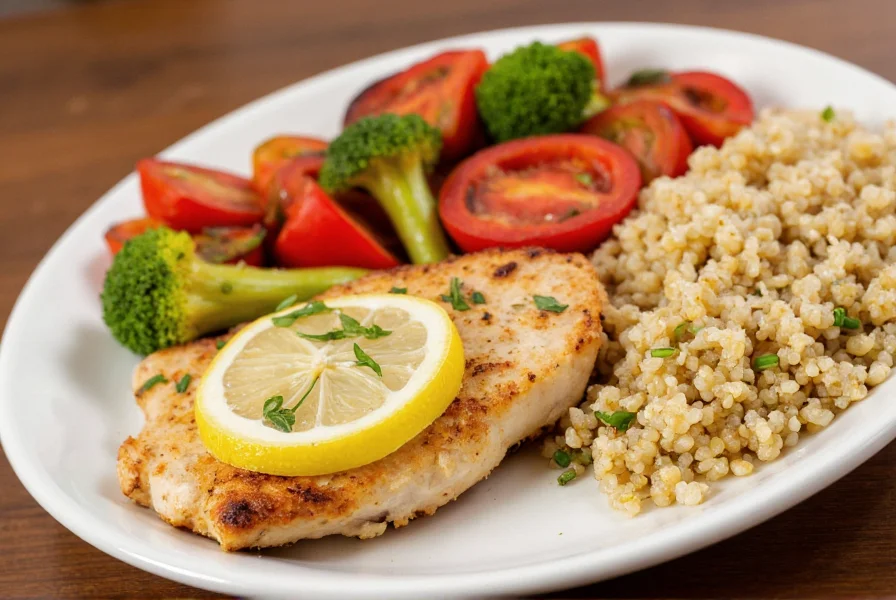 Lemon pepper chicken breast with roasted vegetables and quinoa on wooden table