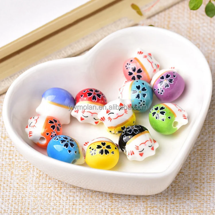 

Fortune Cat Raise Claws  Ceramic Porcelain Loose Beads For Jewelry Making DIY Crafts Findings, Color card