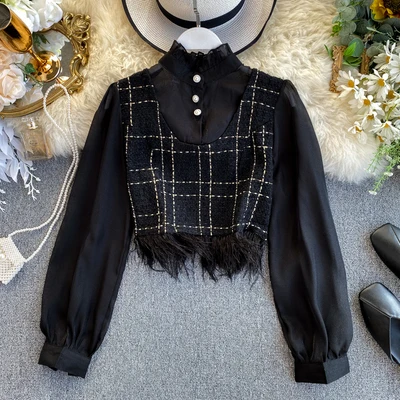 

2020 Korean design women fashionable puff sleeve two piece set blouse tops