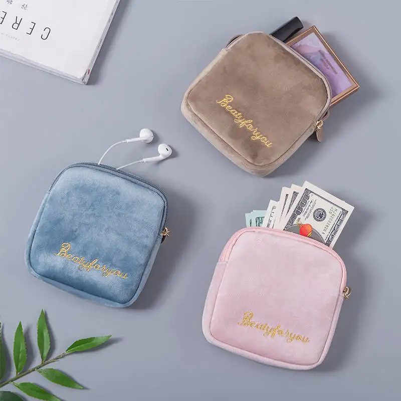 

Square velvet portable cosmetic makeup bag Sanitary napkin Storage Small Zipper Pouch Bag, Accepted customized