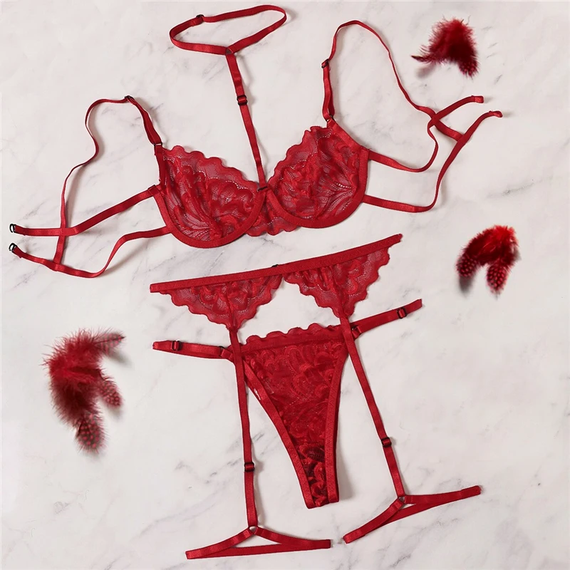 

red embroidery floral lace garter lingerie set with intimate woman choker underwire bra and thongs ladies underwear set