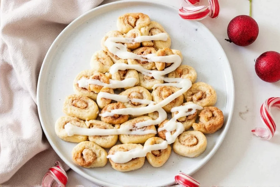 Step-by-step visual guide showing how to arrange cinnamon rolls in Christmas tree pattern with proper spacing and layering