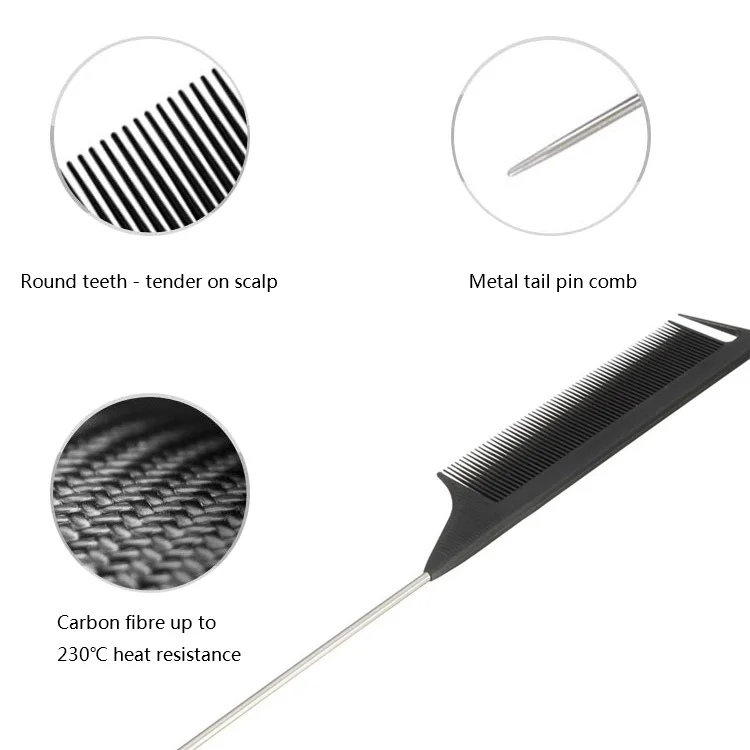 
Private Label Professional Salon Dressing Tool Custom Black Heat Resistant Teasing Comb Pin Tail Stainless Steel Carbon Comb 