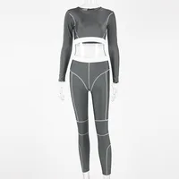 

long sleeve stripe patchwork sexy crop tops leggings 2 two pieces set Spring women streetwear tracksuits