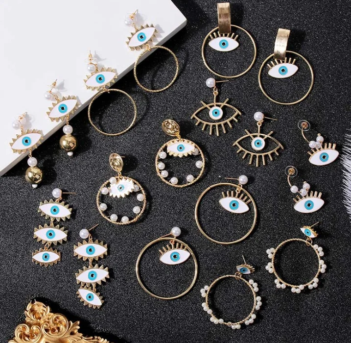 

Pearl alloy geometric evil eye earrings women fashion exaggeration personality large and long pendant earrings jewelry H623, Picture color