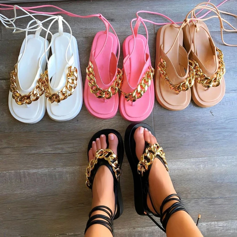 

Ankle Lace up Sandalias De Cuero Design Flip Flops Style Women Wedge Shoes Ladies Summer Thong Sandals, Black, white, pink,apricot