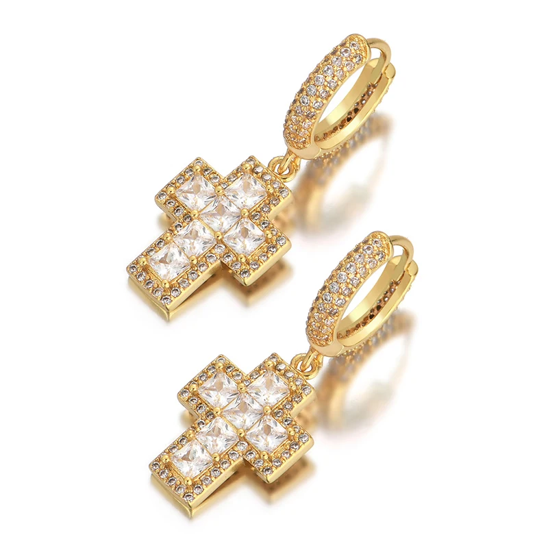 

Blues RTS Luxury Ladies Real gold plating copper baguette cross hoop earrings