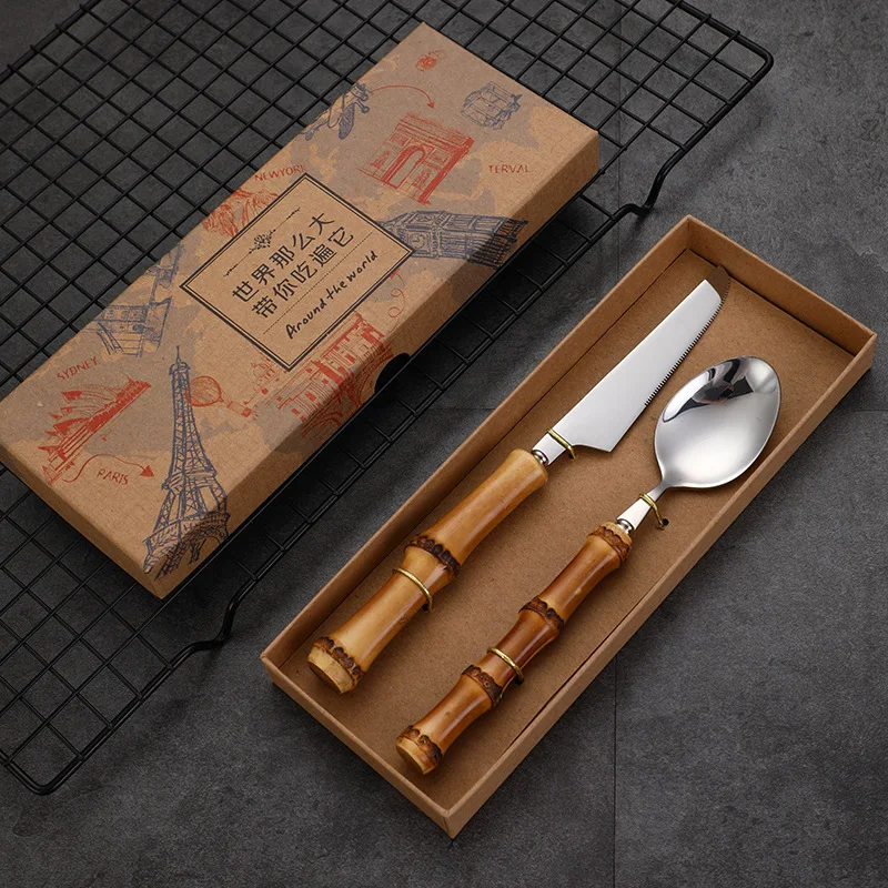 

CHINA OEM FACTORY WHOLESALE Bamboo Handle Tableware Western Food/Steak Cake Dessert Spoon Stainless Steel Gift Set