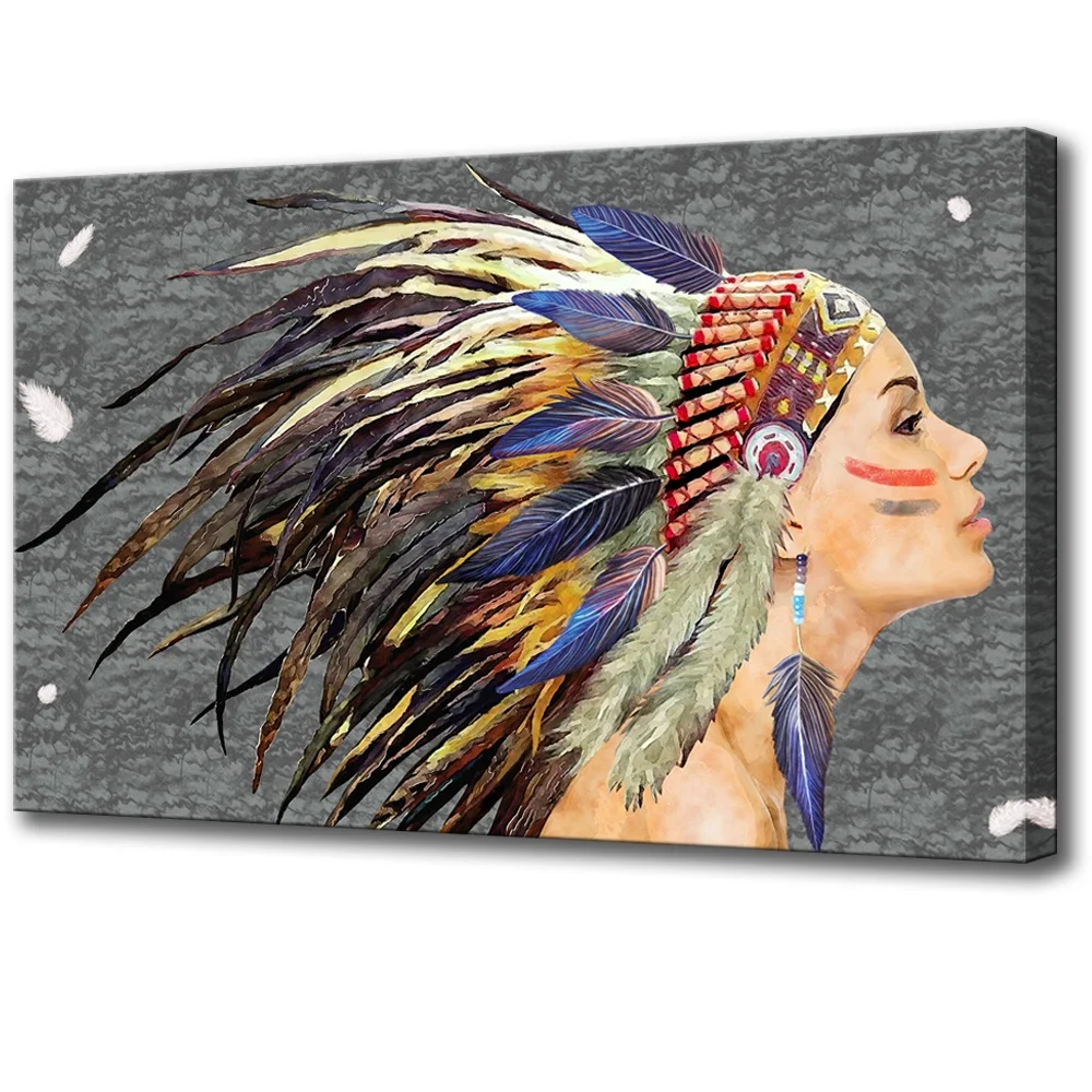 Truly Beauty Painting Native American Girl Feathered Women Modern Home Wall Decor Canvas Artworks Picture Art HD Print Painting