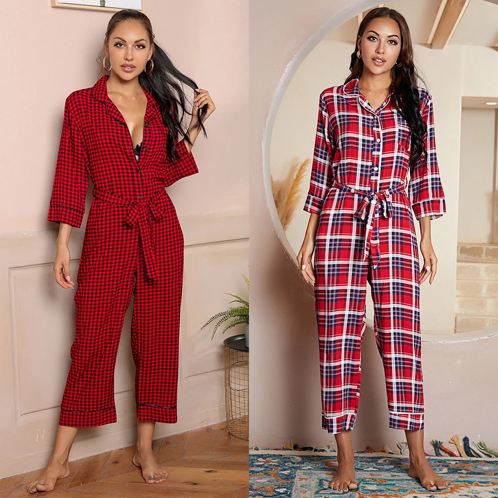 

Custom red plaid polyester one piece nightwear chemise de nuit onsise pj set adult sleep onesie pajamas for women 2021 new, Red, blue, navy