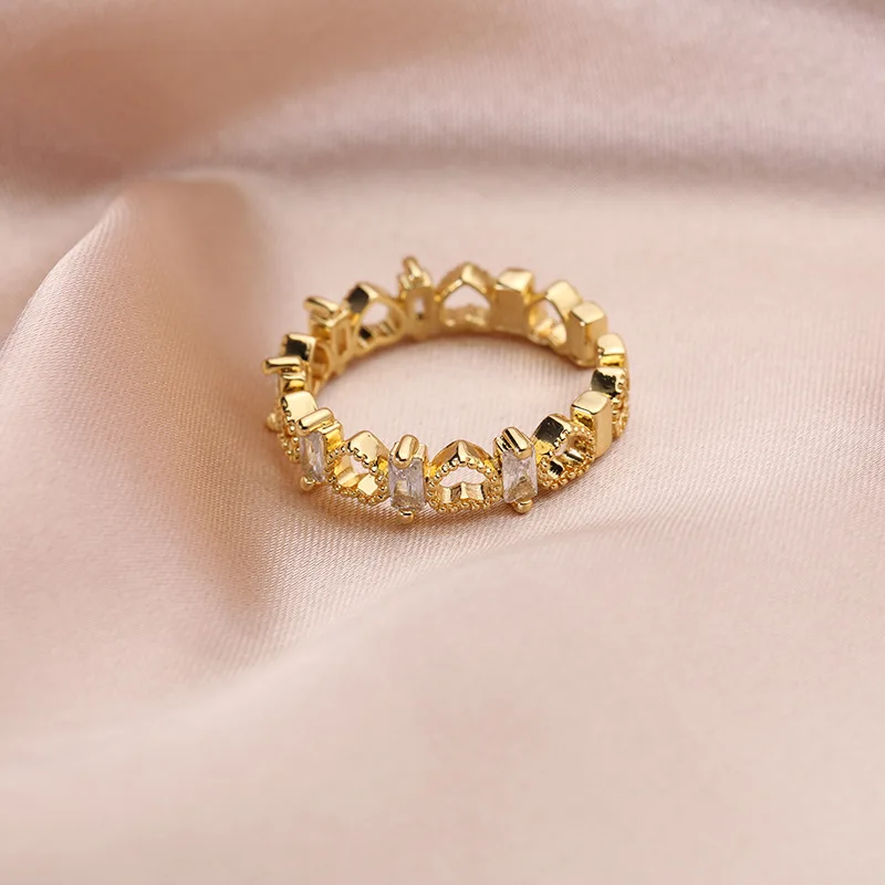 

Stainless Steel Real 18K Gold Plated Zircon Heart Resizable Ring Hollow Heart Open Finger Rings, As picture