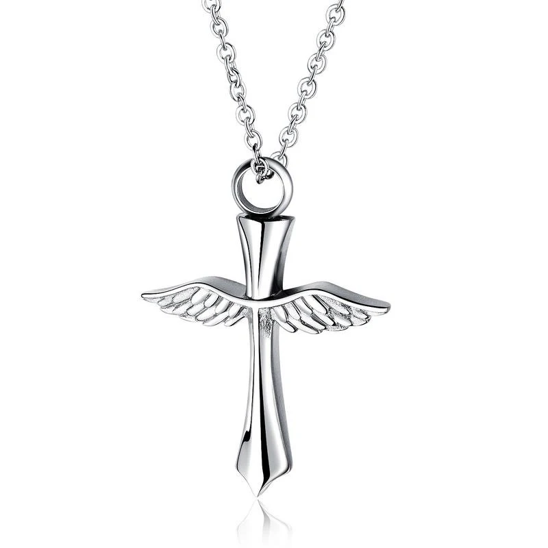 

Fashion Personality Silver Color Stainless Steel Jewelry Clavicle Chain Christian Angel Wings Memorial Cross Pendant Necklace