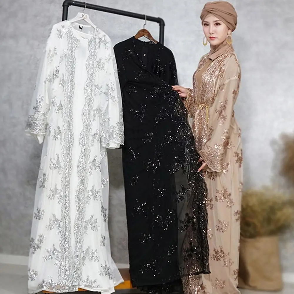 

Luxury high-end lens Muslim clothing embroidery women's lace sequins Machikadigan dress kimono open Abaya Bata Kaftan Dubai