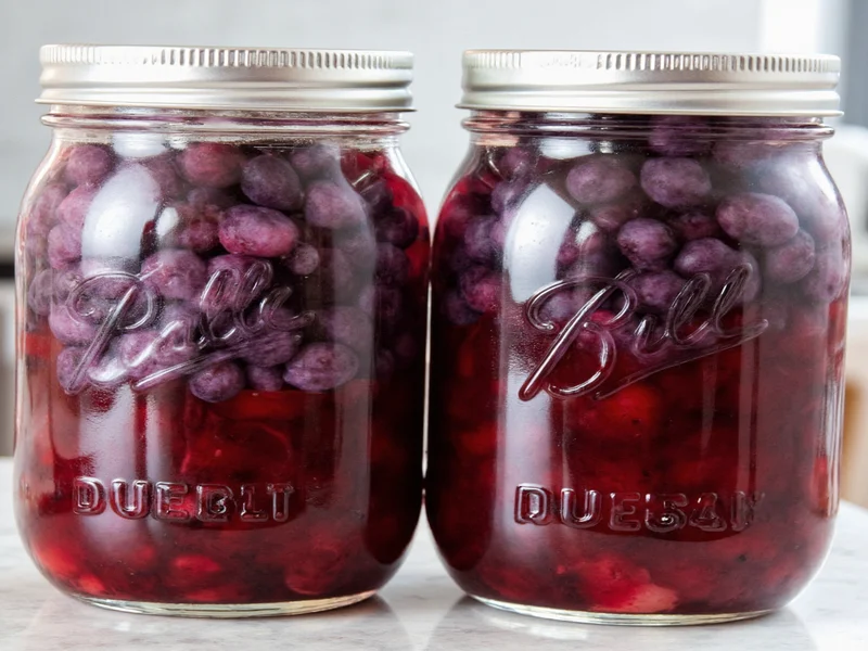 Mason jars filled with homemade blueberry pie filling for freezing