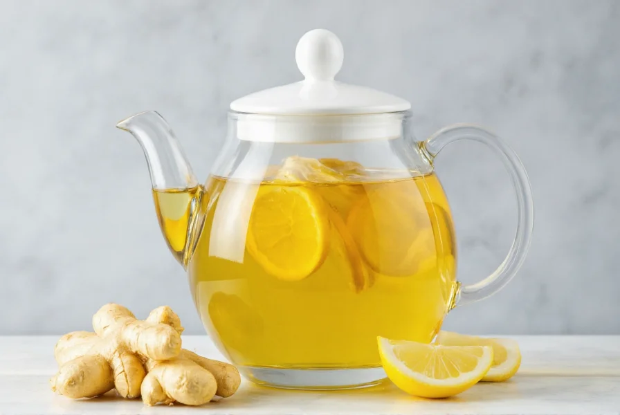 Fresh ginger slices and lemon wedges in white ceramic teapot with steam rising