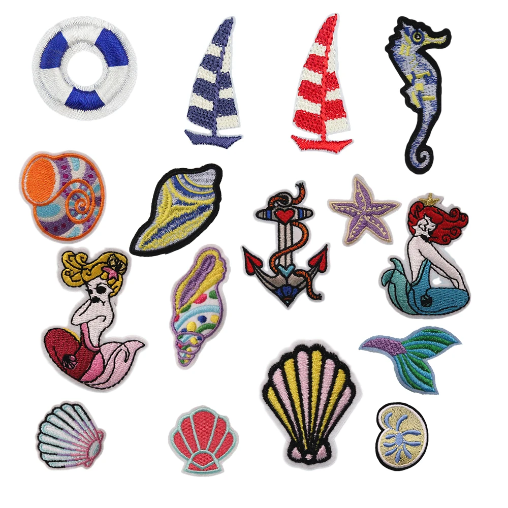 hot sale ocean theme marine life shell conch embroidery sea patch iron on for kids clothes