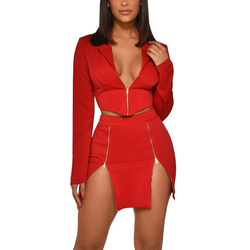 

2021 New Fashion Casual Solid Short Blazer Zipper Suit Zipper Crop Top and Mini Skater Skirt 2 Piece Sets Women, As shown 4colors