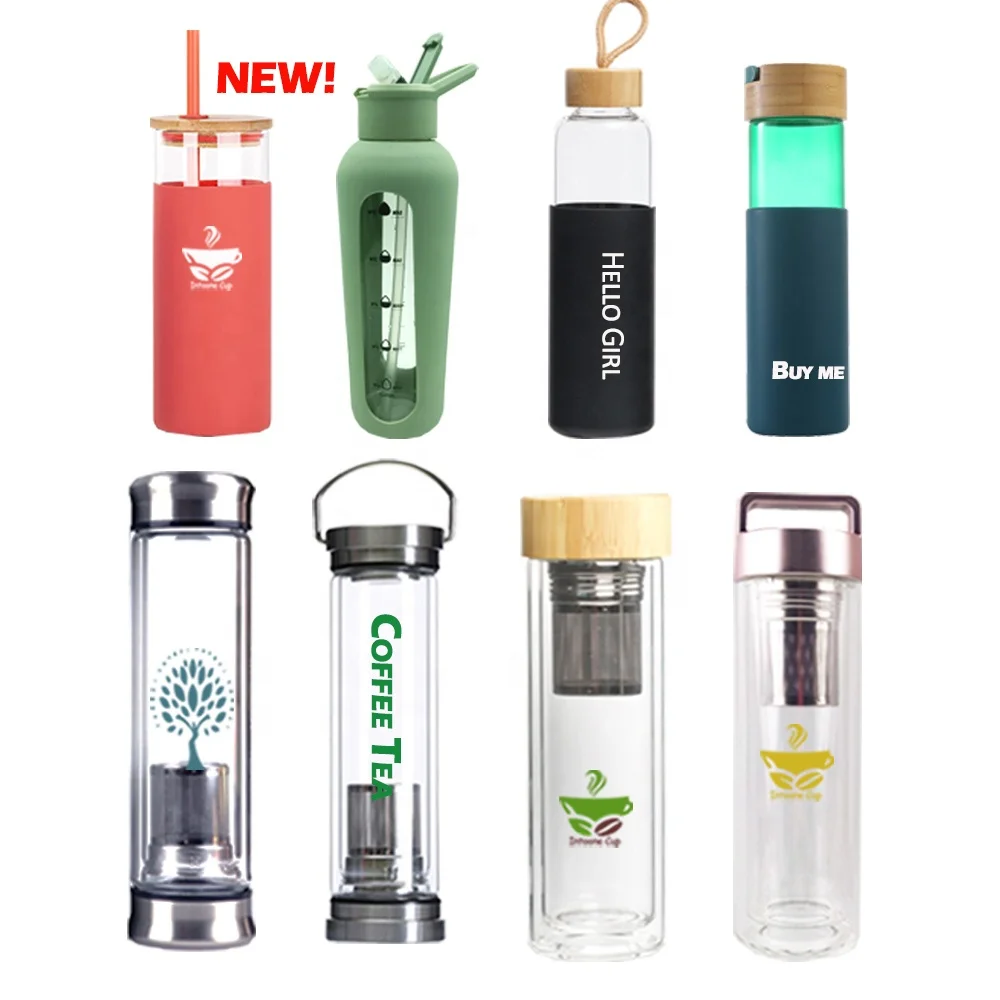 

New 2021 Sale Various double wall Wholesale wide mouth bamboo Glass Drinking Water Bottle Glass with metal lid cover, Natural bamboo color