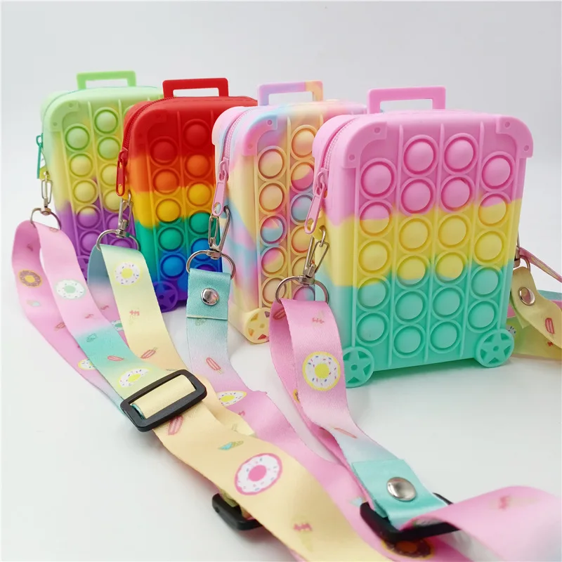 

New style mini trolley case Reliever Stress money Wallet Candy Zipper Push Popping its Bubble Silicone Kids Fidget Coin Purse, 4 colors