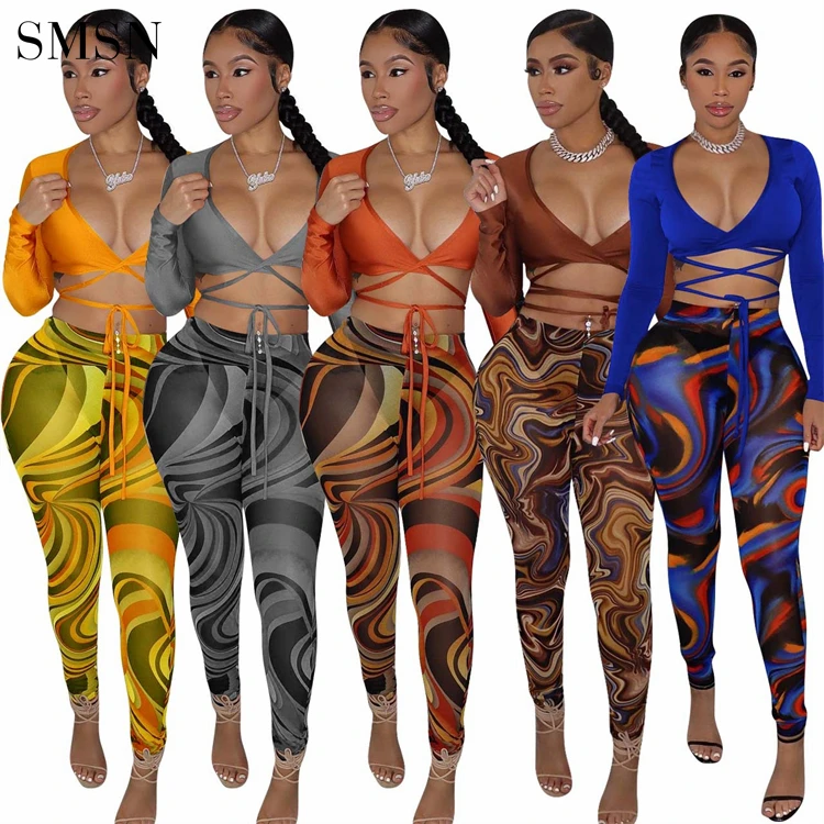 

New Arrival Fall V Neck Long Sleeve Bandage Sexy Crop Top Skinny Printing Pant Jogging Set 2 Piece Set Women Clothing