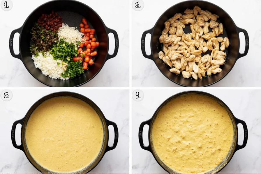 Step-by-step preparation of creamy white chicken chili in a cast iron pot with fresh ingredients