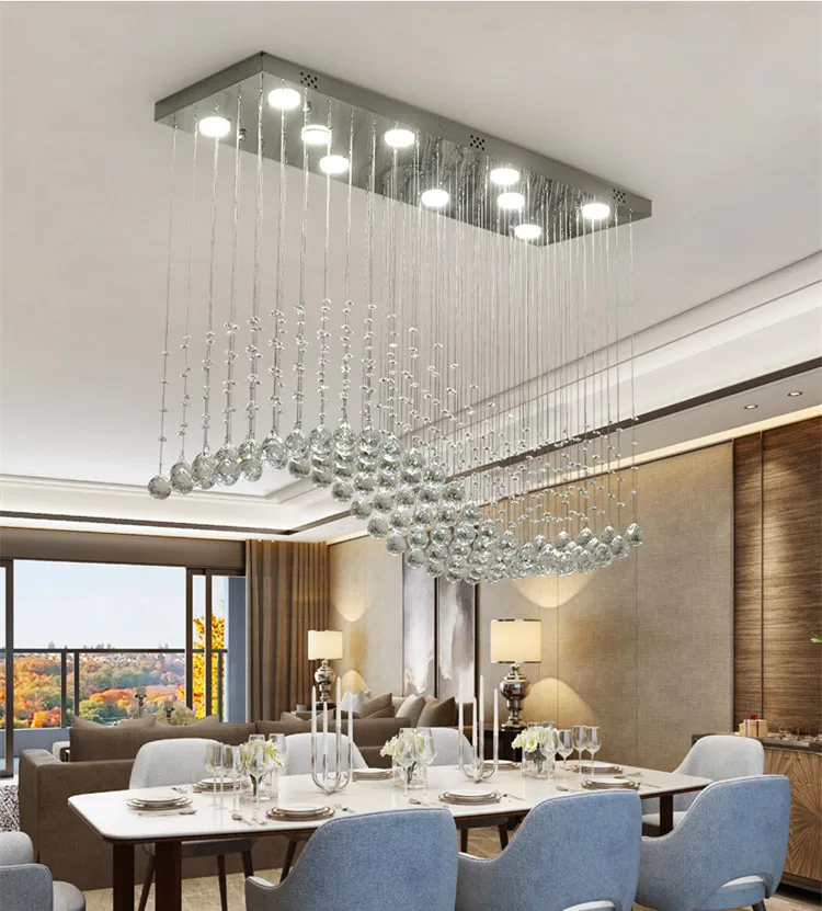 Modern Restaurant Rectangular Chandeliers K9 Crystal Lamp LED Wave Crystal Light Bar Restaurant Living Room Lights