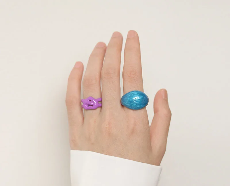 

BS374 2021Trendy Double Layers Hollow Love Heart Finger Rings Not Fading Multi Colors Enameled Wide Chunky Rings, Purple red blue white