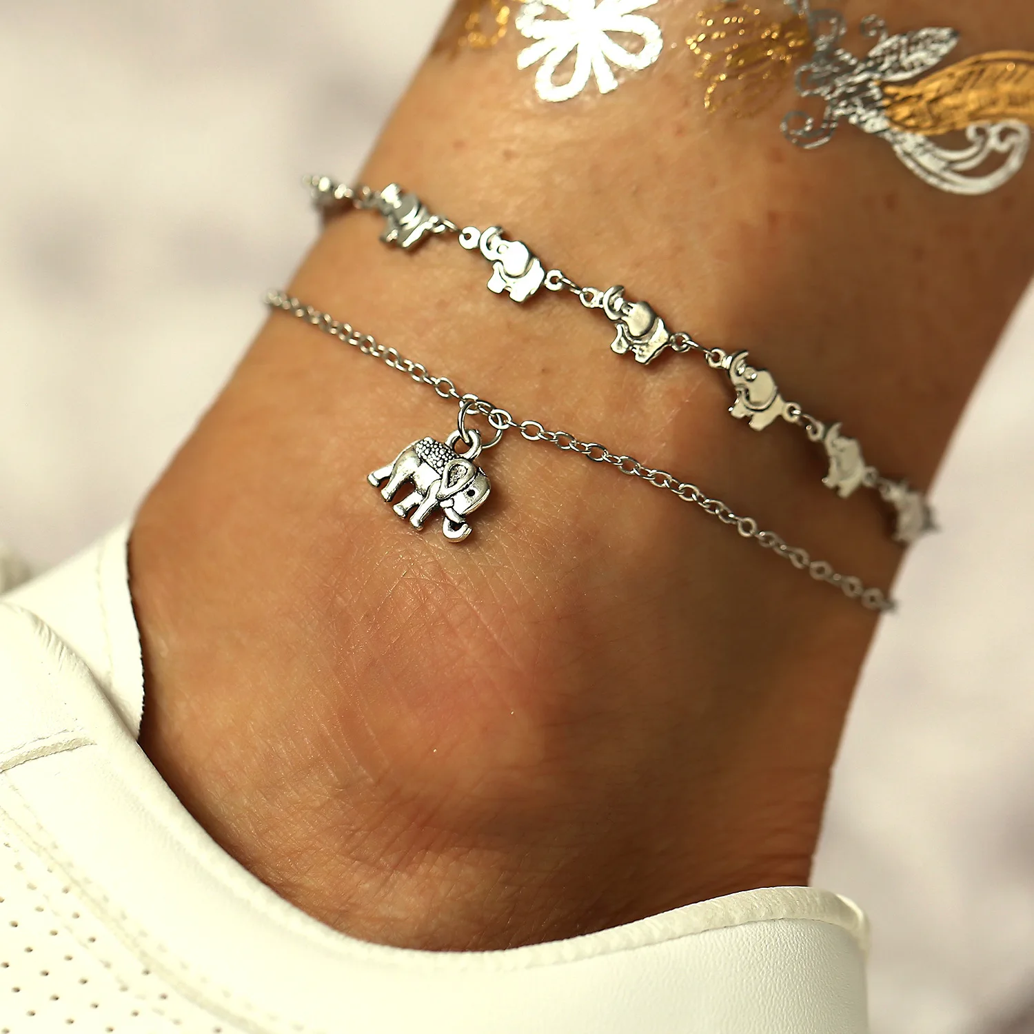 

Vintage African Elephant Chain and Charm Layered Foot Jewelry Anklets for Women, Gold, silver