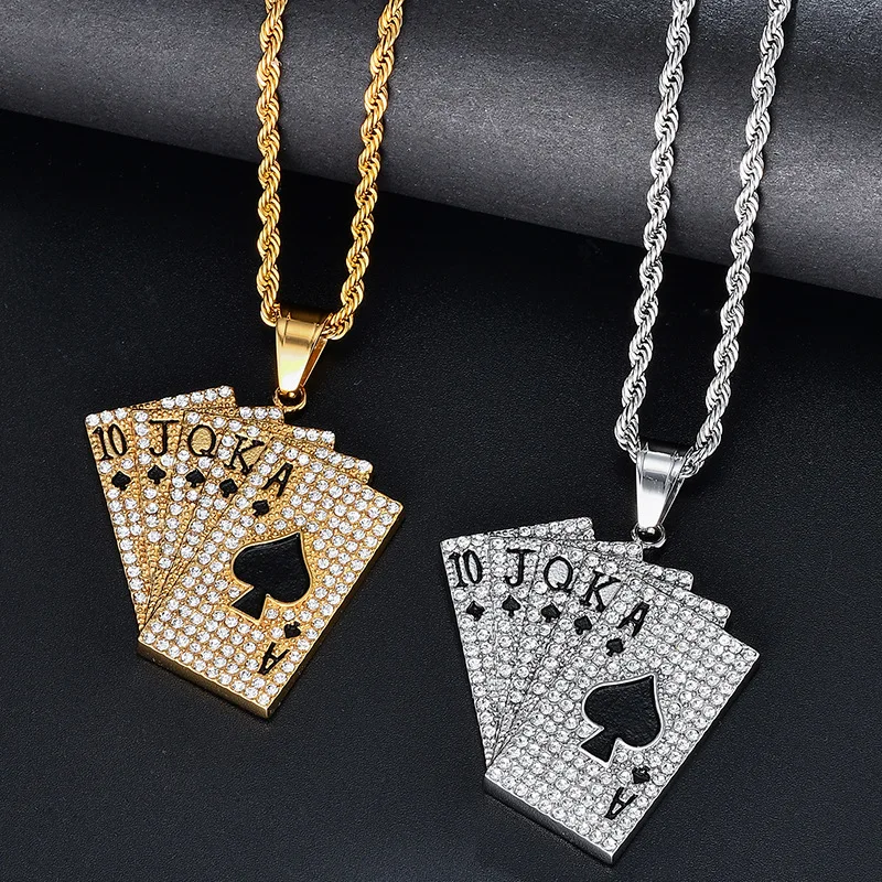 

Hip Hop Poker Pendant Necklace Iced Out Stainless Steel Bling Necklace Charms For Men Women Jewelry Gifts Drop Shipping