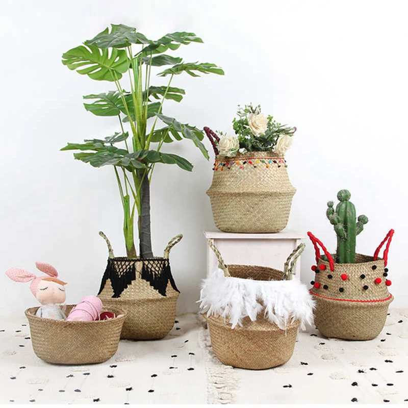 

wholesale Garden Decoration Natural Seaweed Woven Handheld Toy Storage Basket Nordic Style Plant Hand-knotted Foldable Flower ba, Multi
