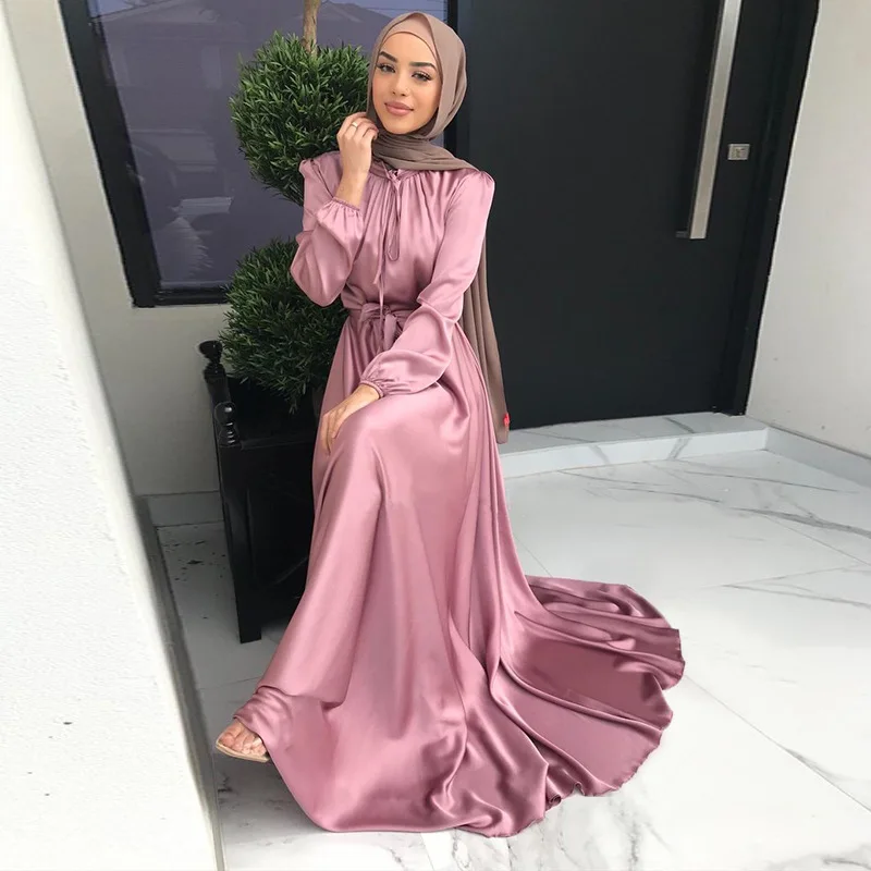 

1777 MuslimQLO Pure color satin Muslim long skirt abaya muslim dresses Middle Eastern Robe wholesale long dress muslim, 6 color