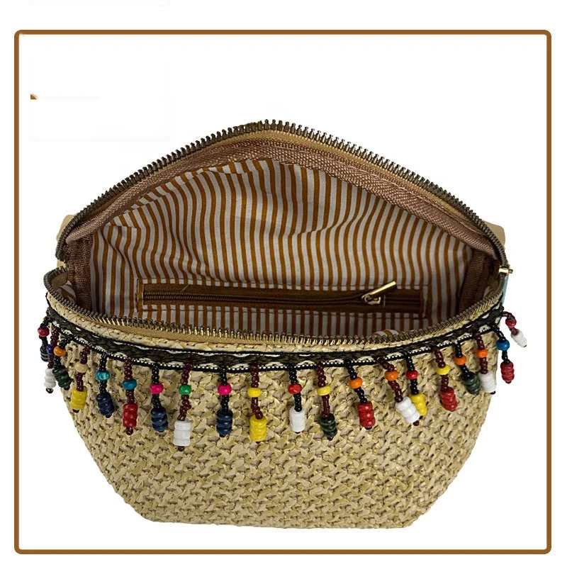 

Beach Sea Clutch Bags Ethnic Style Hand Woven Shoulder Bag Pendant Semicircle Straw Rattan Crossbody Bag, Shown