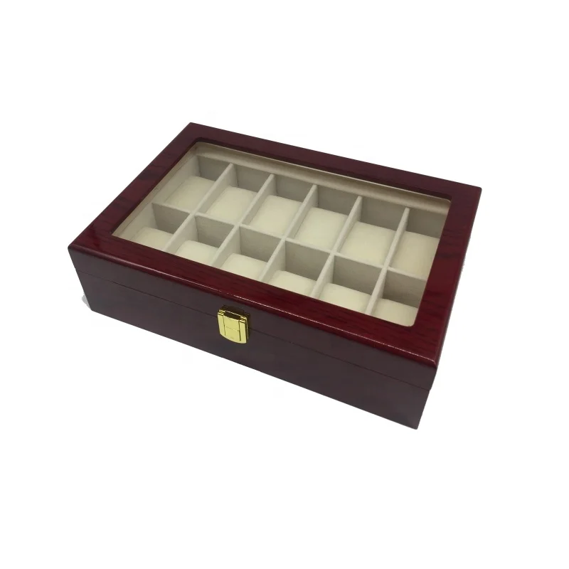 12 slots cherry wood display case watch storage box with large glass top