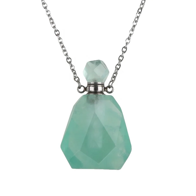 

Natural Crystal Perfume Bottle Necklace Green Fluorite Essential Oil Bottle Diffuser Pendant Necklace