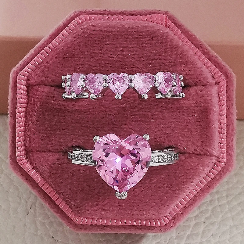 Hot Sale White Gold Plated Pink Gemstone Crystal Heart Ring Micro Pave Cubic Zirconia CZ Love Heart Bridal Ring Set