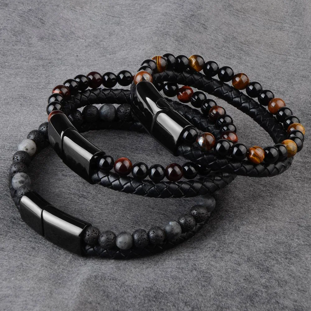 

Punk Tiger Eye mens Black Genuine Leather bracelets Ston beads accessories magnetic jade friendship homme rope bracelet for men, Black or customize