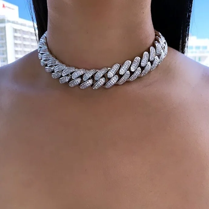 

cuban choker necklace for women silver iced out bling 18mm big heavy hip hop chains, Rose gold