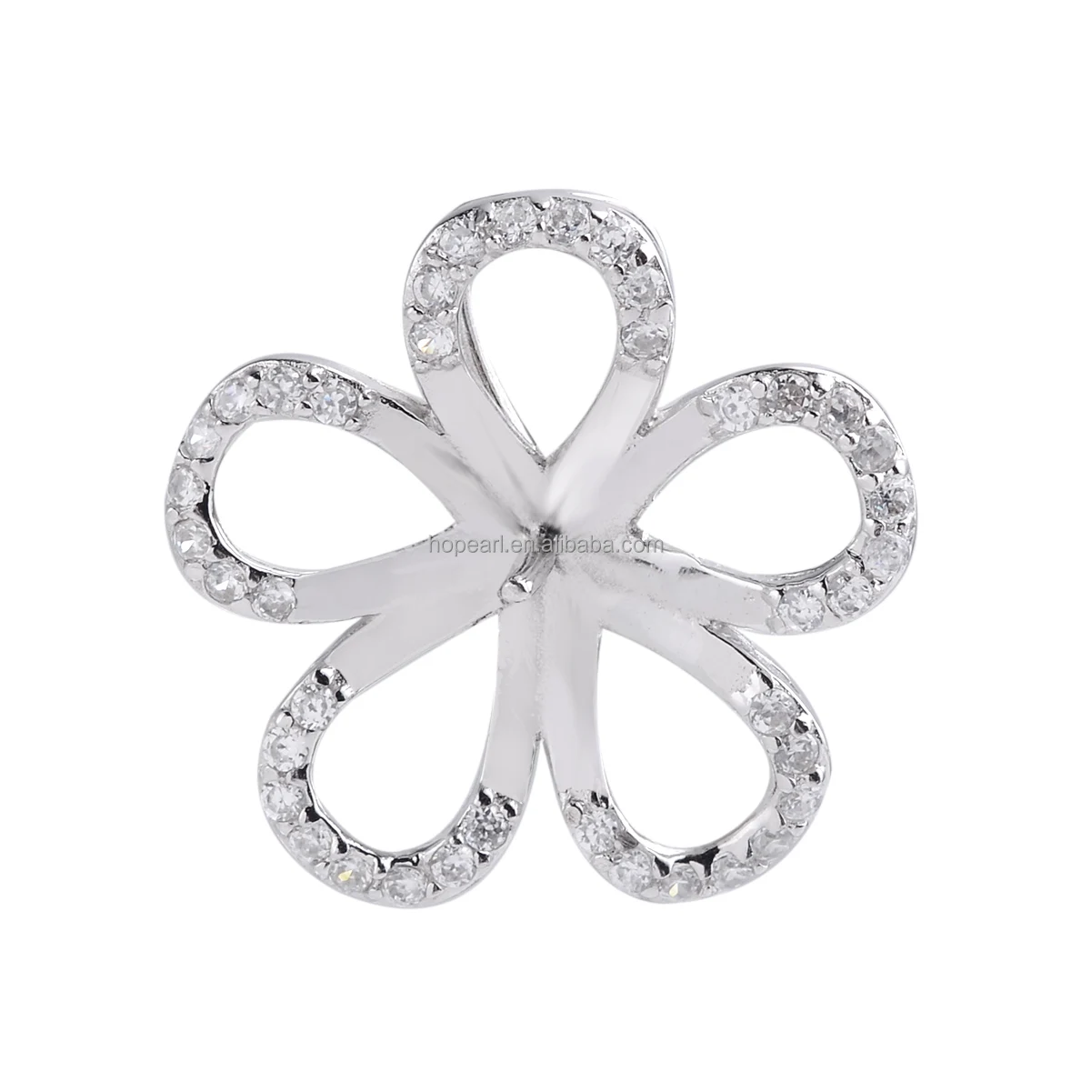 

SSP254 Sterling Silver 925 Clear Zircons Flower Pendant to stick pearl on Pearl Mounting
