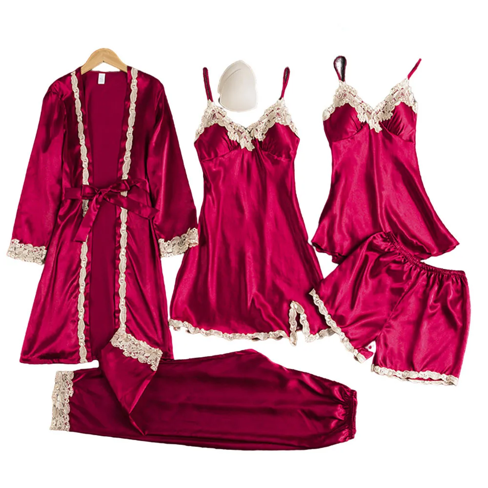 

Satin Silk Pyjamas 5 Five Pcs Set Pajamas Robe Night Dress Women'S Sexy Solid Sleepwear