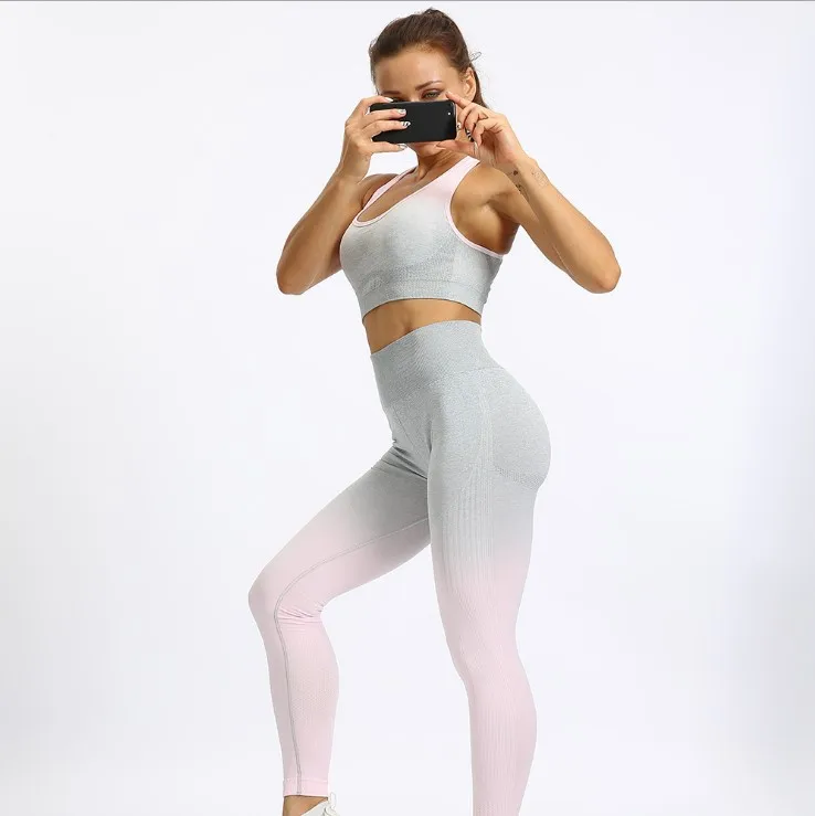 

Hot selling seamless gym wear high waist fitness clothing Ombre womens yoga set