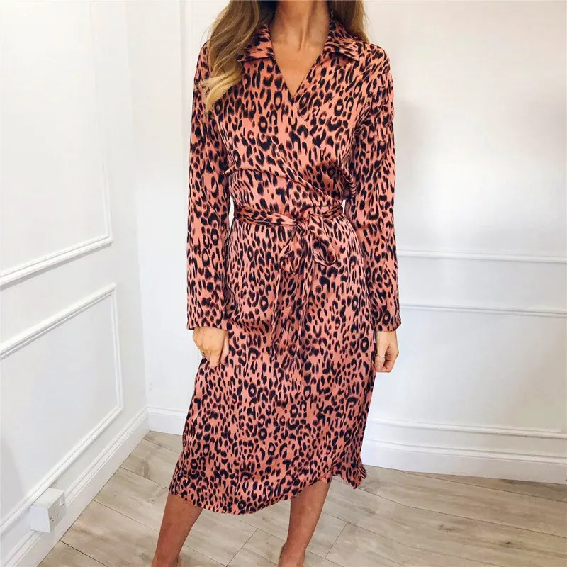 

Spring Hot Sale Dress Sexy Leopard Print V-neck High Waist Long Sleeve Chiffon Dress, Picture color