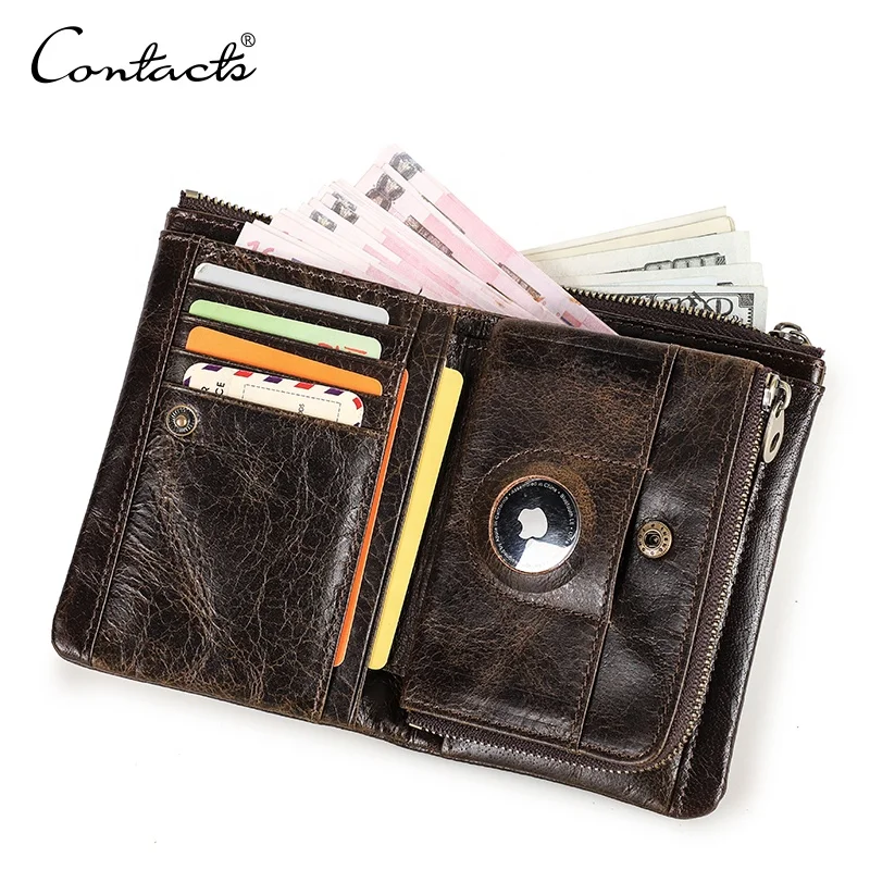 

CONTACT'S Vintage Men Crackled leather Smart RFID Bifold Airtag Wallet Holder for Apple Air Tag GPS Tracker Case