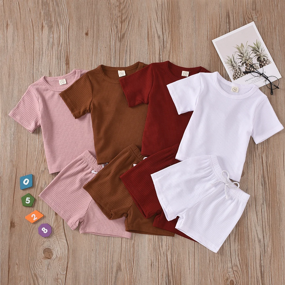 

2020 Baby Summer Clothing Infant Baby Girl Boy Clothes set Short Sleeve Tops T-shirt+Shorts Pants Ribbed Solid Outfits, As picture