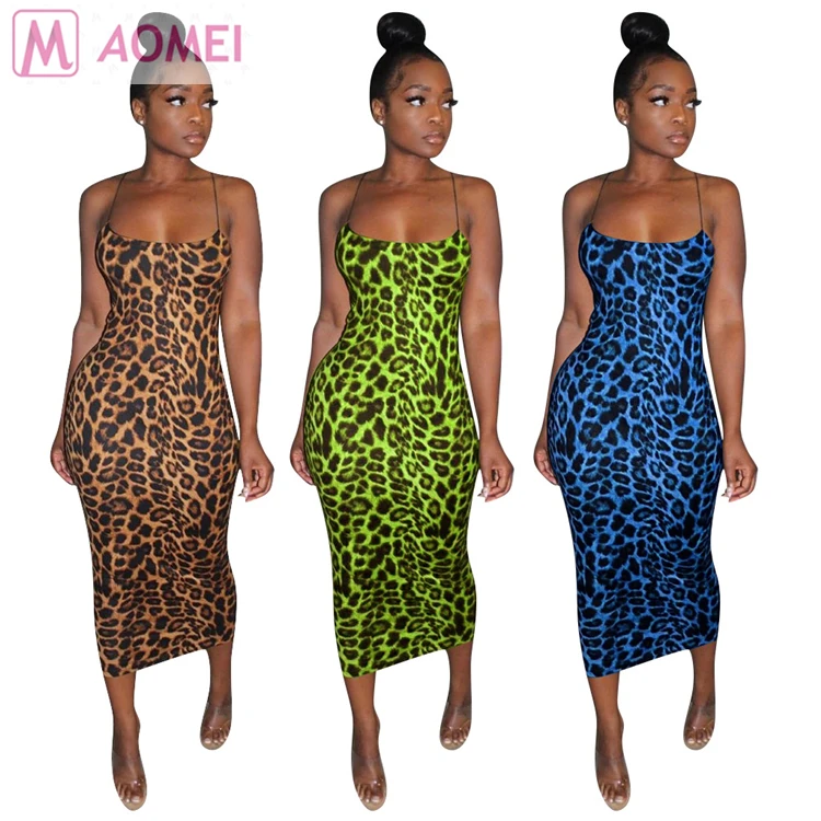 S2086 fashionable casual spaghetti strap mid-length sleeveless leopard print summer ladies fashion casual club bodycon dress
