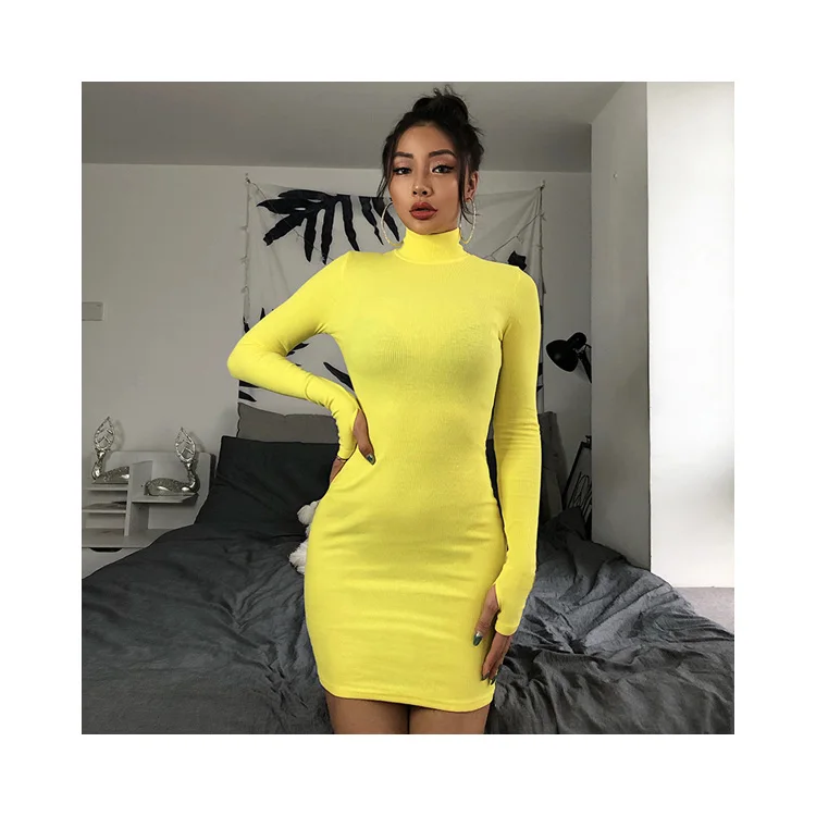 

Fashion Women High Waist Summer Long Sleeves Pure Color Sexy Dress, Picture color