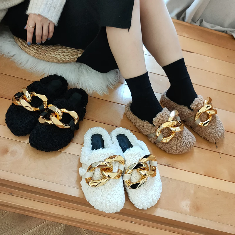 

WETKISS Wholesale Faux Lambs Shoes Flat Mules Indoor Slippers Warm Home Slipper Fashion Fur Slippers Shoes with Chain, White, black, brown